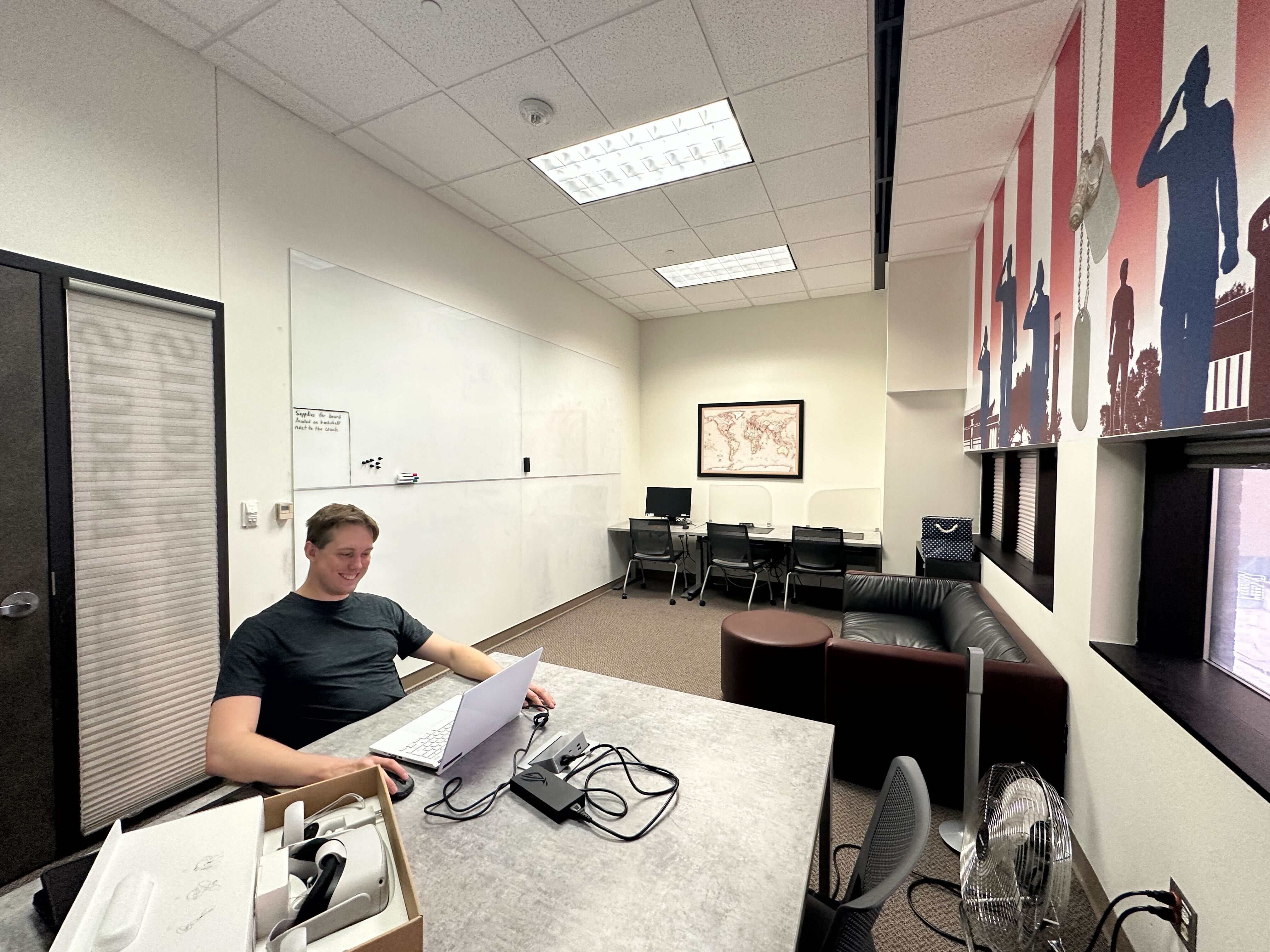 Sean Kelly '23 in the Student Veteran Study Room, Evans Library Annex